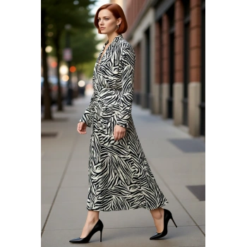Kadın Siyah Zebra Desenli Midi Boy Uzun Kol Dokuma V Yaka Elbise Bahar ve Sonbahar İçin İdeal