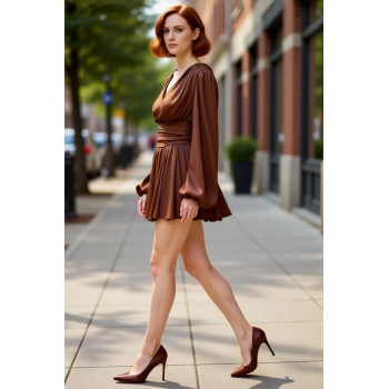 Kadın Skater Balon Kol V Yaka Mini Elbise Şık Gece Davetleri İçin İdeal Seçim Saten Dokuma