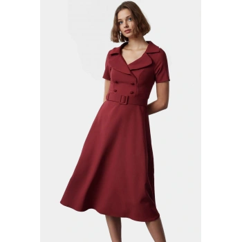 Kadın Skater Elbise Dokuma Kumaş İş Elbisesi Kemerli Özenle Seçilmiş Modern Stil