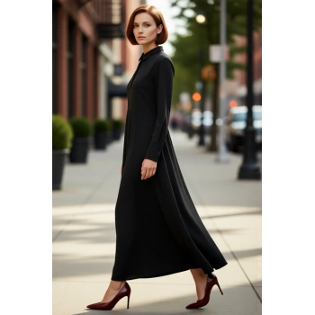 Kadın Skater Gömlek Yaka Düğmeli Uzun Kollu Maxi Boy Örme Dalgıç Elbise Günlük Şıklık Kaliteli