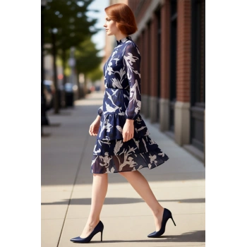 Kadın Skater Kalıp Çiçekli Dik Yaka Balon Kol Fırfırlı Midi Şifon Astarlı Şık Günlük Elbise