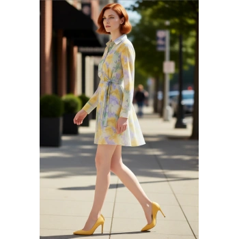 Kadın Skater Kalıp Çiçekli Şifon Gömlek Yaka Kuşaklı Mini Elbise İlkbahar Sonbahar Şıklığı