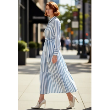 Kadın Skater Kalıp Çizgili Gömlek Yaka Uzun Kollu Kuşaklı Maxi Dokuma Elbise İlkbahar Sonbahar İçin