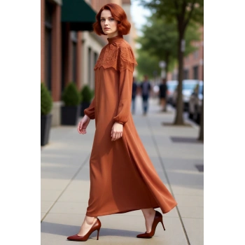 Kadın Skater Kalıp Dik Yaka Dantel Pelerin Detaylı Maxi Elbise Ramadan Koleksiyonu Şıklığı