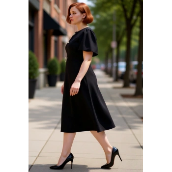Kadın Skater Kalıp Dokuma Midi Boy Kısa Kol Şık Elbise Modern Ve Zarif Detaylarla Göz Kamaştırır