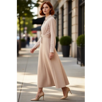 Kadın Skater Kalıp Gömlek Yaka Çizgili Maxi Dokuma Kemer Detaylı Tesettür Uzun Kollu Elbise