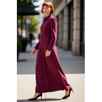 Kadın Skater Kalıp Gömlek Yaka Uzun Kollu Düz Desen Maxi Boy Viskoz Elbise Casual Günlük Kaliteli