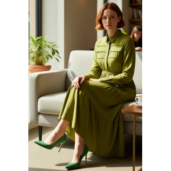 Kadın Skater Kalıp Haki Jakar Desenli Maxi Boy Gömlek Yaka Uzun Kol Dokuma Viskoz Elbise Kaliteli