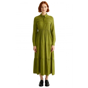 Kadın Skater Kalıp Haki Jakar Desenli Maxi Boy Gömlek Yaka Uzun Kol Dokuma Viskoz Elbise Kaliteli