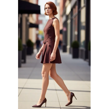 Kadın Skater Kalıp Kayık Yaka Kolsuz Düz Dokuma Mini Elbise Kemeri Pileli Kış Şıklığı Gardırobunuzda