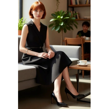 Kadın Skater Kalıp Kemer Detaylı Midi Elbise Ceket Yaka Tasarımıyla İş Ve Günlük Şıklığı