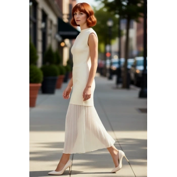 Kadın Skater Kalıp Kolsuz Bisiklet Yaka Maxi Triko Elbise Düz Desenli Modern İlkbahar Sonbahar