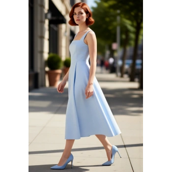 Kadın Skater Kalıp Midi Boy Saten Dokuma Kare Yaka Kokteyl Şık Mezuniyet Elbisesi Kalın Askılı