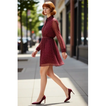 Kadın Skater Kalıp Puantiyeli Gömlek Yaka Kuşaklı Astarlı Uzun Kollu Şifon Mini Elbise Kaliteli