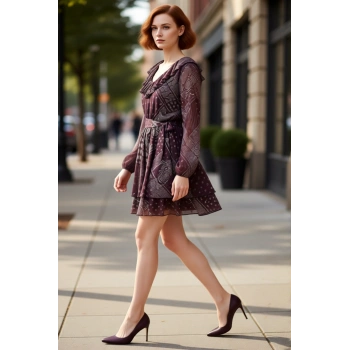 Kadın Skater Kalıp Şal Desen V Yaka Fırfırlı Uzun Kollu Astarlı Mini Elbise Casual Şıklık İçin