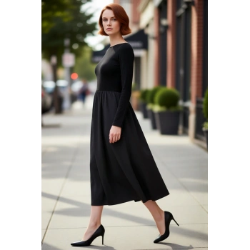 Kadın Skater Kalıp Uzun Kollu Kayık Yaka Maxi Boy Örme Dokuma Kışlık Elbise Günlük Şıklık İçin