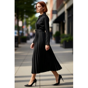 Kadın Skater Kalıp Uzun Kollu Kuşaklı Piliseli Etek Ceket Yaka Crinkle Dokuma Midi Elbise Kaliteli