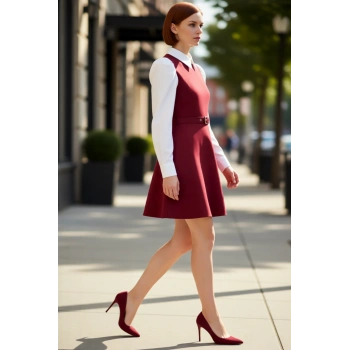 Kadın Skater Kemerli Gömlek Yaka Balon Kol Detaylı Mini Dokuma Elbise Şık Ve Zarif Görünüm Sunar