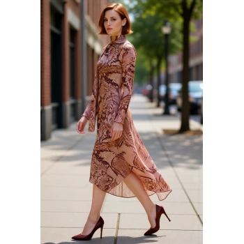 Kadın Skater Kesim Dik Yaka Şal Detaylı Maxi Boy Soyut Desenli Tül Örme Kışlık Elbise Kaliteli