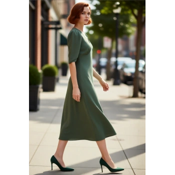 Kadın Skater Krep V Yaka Büzgülü Truvakar Kol Midi Boy Düz Dokuma Elbise Şık Ve Rahat Kaliteli
