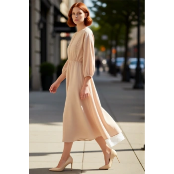 Kadın Skater Midi Balon Kol Dantel Detaylı %100 Pamuk Müslin Elbise Günlük Şıklık İçin İdeal