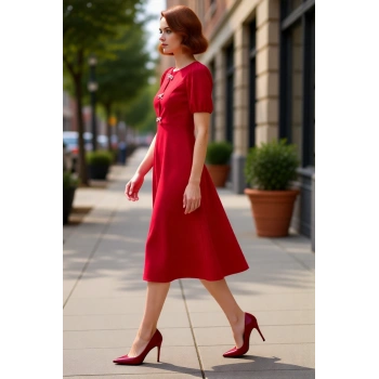 Kadın Skater Midi Bisiklet Yaka Balon Kol Fiyonklu Eteği Belden Açılan Şık Gece Kokteyl Elbisesi