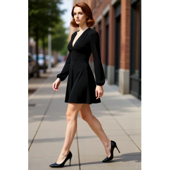 Kadın Skater V Yaka Uzun Kollu Düz Elbise Polyester Karışımlı İlkbahar Sonbahar Şıklığı Kaliteli
