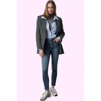 Kadın Skinny Jean Dar Paça Düğmeli Yüksek Bel Pamuk Günlük Hafta Sonu Yaz Aylarının Vazgeçilmezi