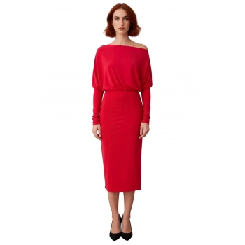 Kadın Smart Bodycon Asimetrik Yaka Düz Düşük Uzun Kollu Yırtmaç Detaylı Örme Midi Elbise Kış İçin