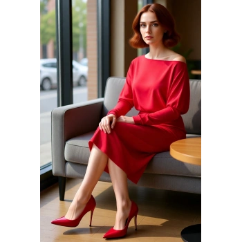 Kadın Smart Bodycon Asimetrik Yaka Düz Düşük Uzun Kollu Yırtmaç Detaylı Örme Midi Elbise Kış İçin