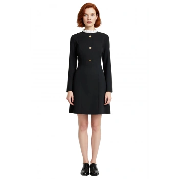 Kadın Smart Dik Yaka Uzun Kollu Dokuma A Kesim Düğmeli Mini Elbise Kış Sonbahar İçin İdeal Şıklık