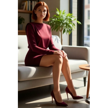 Kadın Smart Gündüz Gece Vatkalı Drapeli Kışlık Örme Elbise Vücuda Oturan Kayık Yaka Uzun Kollu