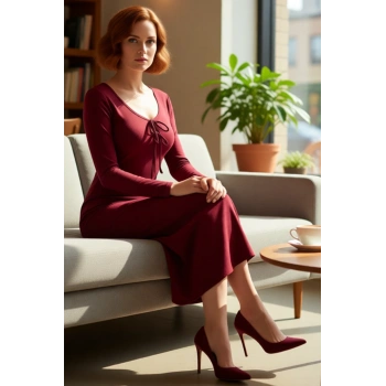 Kadın Smart Kesim Havuz Yaka Bağlama Detaylı Uzun Kol Bodycon Örme Maxi Abiye Elbise Kaliteli