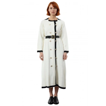 Kadın Smart Office A Line Kuşaklı Düğmeli Triko Elbise Ceket Yaka Uzun Kollu Kış Stili Kaliteli