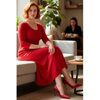 Kadın Smart Ofis Casual Günlük Kullanım Midi Triko A Line Havuz Yaka Truvakar Kol Elbise Kaliteli