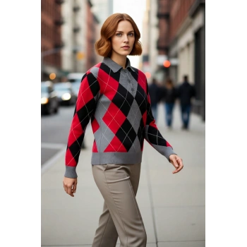 Kadın Soğuk Havaların Gözdesi Baklava Desenli Polo Yaka Triko Kazak Konforlu ve Şık Kaliteli