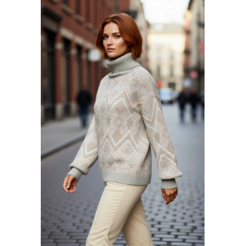 Kadın Soğuk Havaların Vazgeçilmezi Oversize Balıkçı Yaka Etnik Desenli Triko Kazak Şıklığı