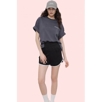 Kadın Spor Şort Polyester Biyeli Detay Renk Bloklu Desen Günlük Kullanım Dayanıklı Malzeme