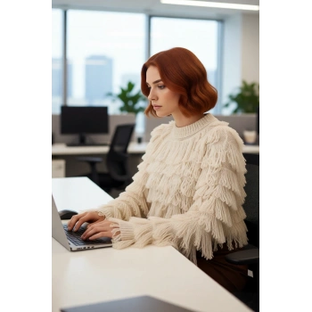 Kadın Standart Kol Püsküllü Triko Kazak Dokulu Yüzey Bisiklet Yaka Günlük Şık Kombinler İçin