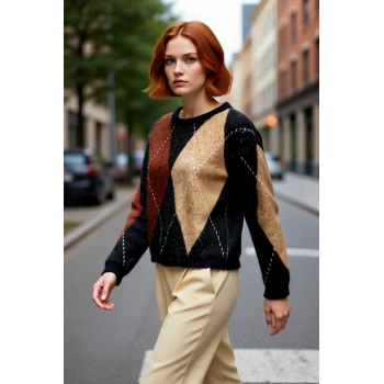 Kadın Standart Kol Rahat Kalıp Baklava Desenli Triko Kazak Kış Sezonu Günlük Kombinler İçin İdeal