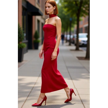 Kadın Straplez Skater Maxi Elbise Özel Davetler İçin Şık Ve Zarif Düz Örme Tasarım İle Göz