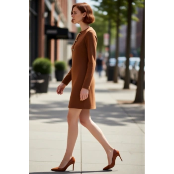 Kadın Süet Dokulu Shift Kalıp Uzun Kollu Mini Elbise Aksesuar Detaylı Bisiklet Yaka Kış Şıklığı