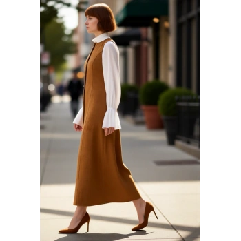 Kadın Süet Dokuma Düz Desen Bisiklet Yaka Kolsuz Maxi Boy Shift Kalıp Düğmeli Elbise Kaliteli