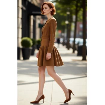 Kadın Süet Dokuma Skater Mini Elbise Kemer Detaylı Uzun Kollu Gündüz Şıklığıyla Öne Çıkar Kaliteli