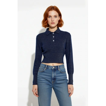 Kadın Super Crop Polo Yaka Simli İplik Triko Kazak Soğuk Kış ve Sonbahar Günlerinde Şıklığı Tamamlar