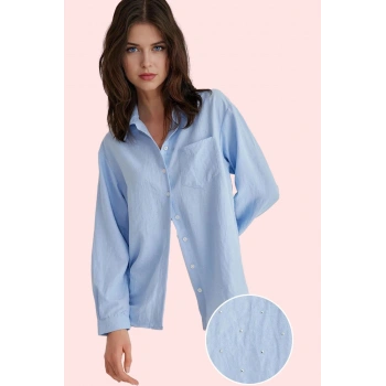 Kadın Taş Detaylı Dokuma Gömlek Regular Kalıp Uzun Kollu Pamuk Şık ve Rahat Günlük Kullanım