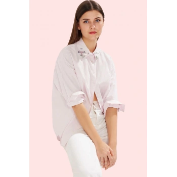 Kadın Taş Detaylı Gömlek Oversize Uzun Kollu Günlük Stil Hafta Sonu Yaz Aylarının Vazgeçilmezi