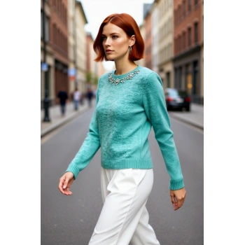 Kadın Taş İşlemeli Bisiklet Yaka Triko İnce Dokulu Regular Kalıp Uzun Kollu Şık Kazak Kaliteli