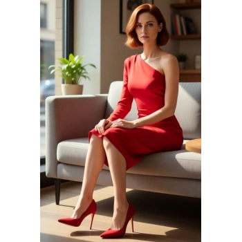 Kadın Tek Kol Uzun Kollu Bodycon Midi Asimetrik Yaka Dokuma Smart Kokteyl Elbisesi Stili Kaliteli