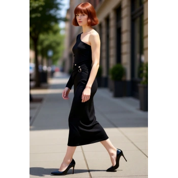 Kadın Tek Omuz Bodycon Örme Maxi Elbise Asimetrik Yaka Uzun Kol Aksesuar Detaylı Astarlı Kışlık